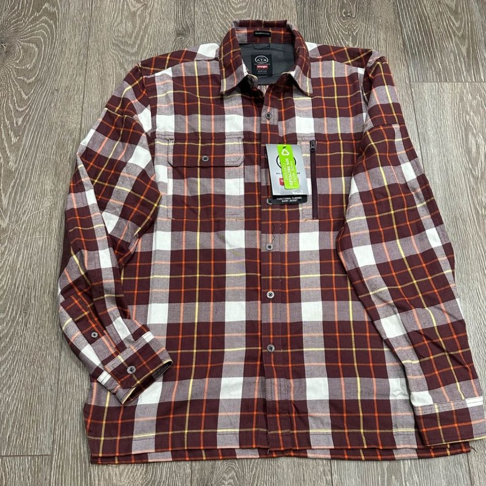 Wrangler Men's ATG Functional Flannel Shirt Jacket-Burgundy Plaid-Medium